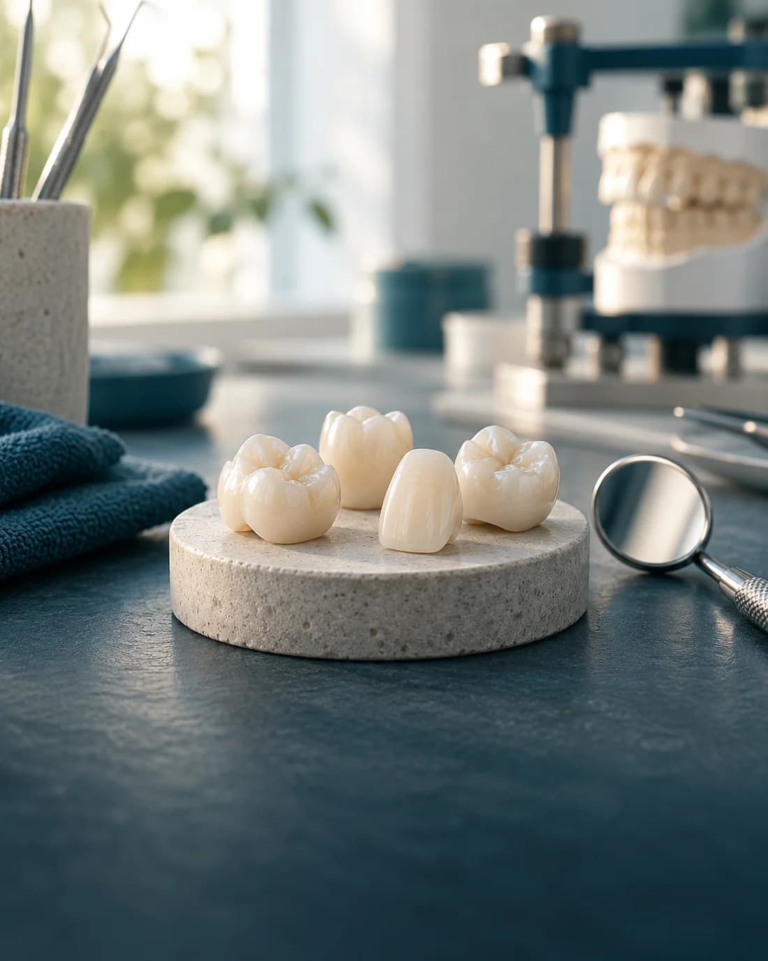 Ilustrativni prikaz keramičkih krunica i instrumenata u dentalnoj laboratoriji